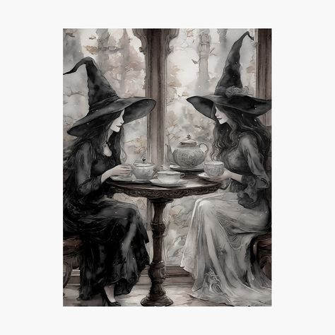 Get my art printed on awesome products. Support me at Redbubble #RBandME: https://www.redbubble.com/i/photographic-print/Best-Witch-Friends-Drinking-Tea-Dark-Aesthetic-by-Arwen-Art/160257997.6Q0TX?asc=u Drinking Tea Drawing, Tea Drawing, Tea Witch, Witch Tea, Witches Tea, Friends Drinking, Dark Witch, Coffee Painting, Witch Art