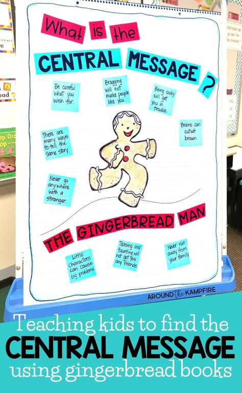 Determining the central message can be tricky for 1st, 2nd, and even 3rd grade readers. Gingerbread books are an ideal mentor text for this reading skill and the ideas and activities in this post make finding the central message fun! This lesson is a perfect addition to your fairy tale units or your Christmas and holiday gingerbread unit. Central Message Anchor Chart, Gingerbread Stories, Gingerbread Man Unit, Classroom Christmas Activities, Gingerbread Unit, Gingerbread Man Activities, Gingerbread Activities, Central Message, December Activities