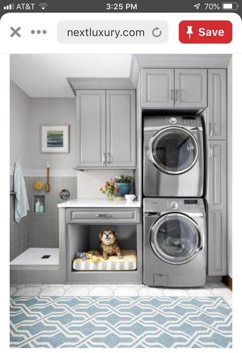 Built In Dog Bed, Laundry Room Stackable, Autumn Projects, Utility Room Designs, Wreath Inspiration, Small Laundry Room Organization, Basement Laundry Room, Stackable Washer And Dryer, Basement Laundry