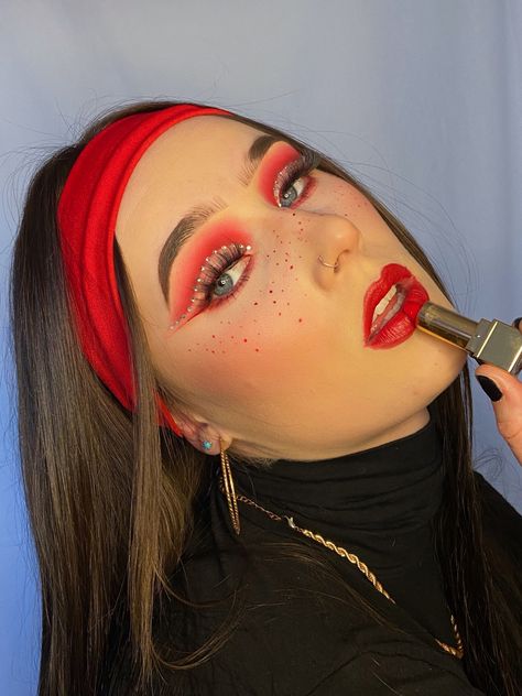 Red Makeup With Rhinestones, Rhinestone Freckles, Red Freckles Makeup, Lightning Mcqueen Makeup, Red Rhinestone Makeup, Red Lipstick Aesthetic, Black Freckles, Disney Eye, Lipstick Aesthetic