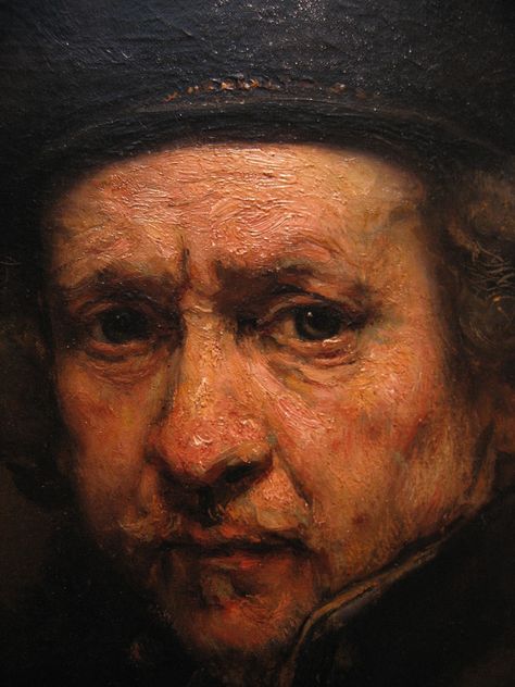 The close up of Rembrandt's self portrait reveals how his visible brush strokes followed the contour of his face, adding to the unity bad realism of the piece Rembrandt Self Portrait, Rembrandt Portrait, Rembrandt Paintings, Istoria Artei, Rembrandt Van Rijn, Painting Brushes, Dutch Art, Dutch Golden Age, Francisco Goya