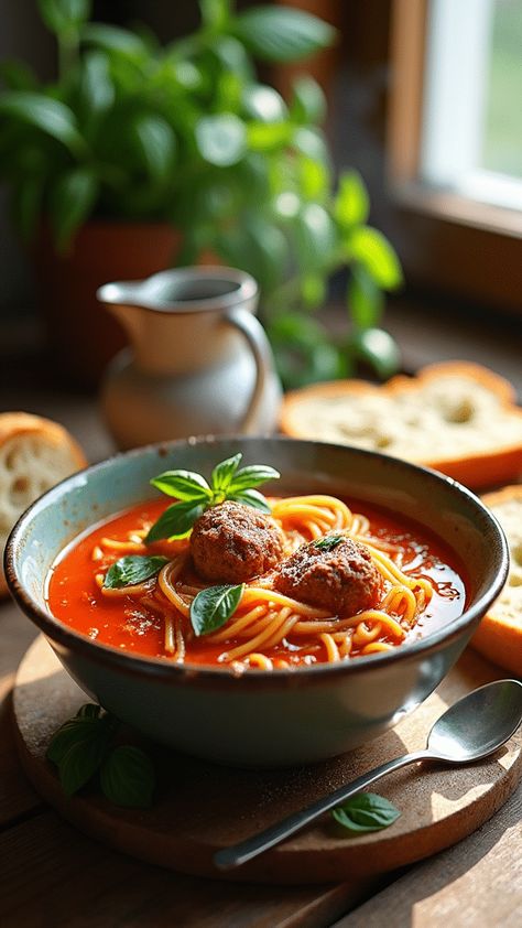 Spaghetti and Meatball Soup Spaghetti And Meatball Soup, Bowl Of Spaghetti, Soups Recipes, Best Spaghetti, Meatball Soup, Cozy Meals, Spaghetti And Meatballs, Gluten Free Pasta, Hearty Soups