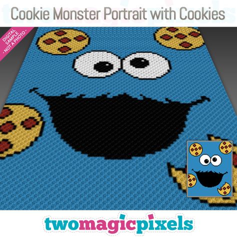 Cookie Monster Portrait with Cookies by Two Magic Pixels Crochet Intarsia, Monster Portrait, Magic Pixels, Cross Stitch Plastic Canvas, Two Magic Pixels, Cross Stitch Graph, C2c Graphgan, C2c Afghan, C2c Patterns