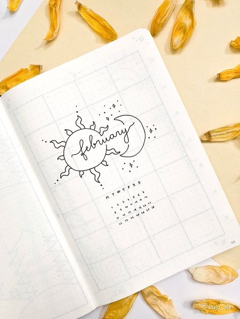 February Bujo Theme, Bullet Journal Front Page Ideas, Bullet Journal Front Page, February Bujo, Mood Journal, My Sun And Stars, Moon Of My Life, February Bullet Journal, Journal Calendar