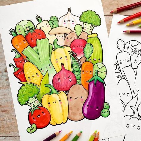 Vegetables Doodle Drawing, Cute Vegetable Drawing, Doodle Drawings Food, Veggie Doodles Art, Doodle Art Drawing Cute Food, Vegetable Doodle Art, Colourful Doodle Art Drawings Cute, Kid Printables Art, Doodle Drawings Colourful