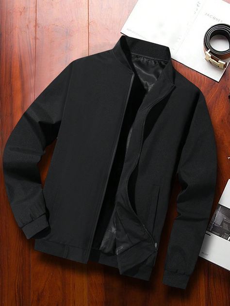 Solid Color Zipper Casual Long Sleeve Jacket Black Casual  Long Sleeve Woven Fabric Plain Bomber Non-Stretch All Men Clothing, size features are:Bust: ,Length: ,Sleeve Length: Printed Sleeveless Top, Long Sleeve Jacket, Fashion Tights, Women Shawl, Sleeve Jacket, Long Sleeves Jacket, Mens Outerwear, Batwing Sleeve, Men Clothing