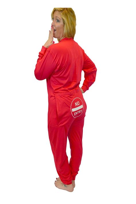 BIG FEET PAJAMAS Red Union Suit Onesie Pyjamas with Funny Bum Flap NO ENTRY for Men & Women Red onesie union suit has funny butt flap with a NO ENTRY sign screen printed on the flap. These onesies can be worn as pyjamas or loungewear.  Lighter than the original wool union suits, these jersey cotton onesies are more like your favorite t-shirt, but (no pun) they still have the convenient drop seat, also referred to as butt-flap, or bum-flap.  #onesies #bumflappajamas #adultonesies #funnypajamas Drop Seat Pajamas, No Entry Sign, Womens Onesie, Easter Bunny Outfits, Hoodie Jumpsuit, No Entry, Funny Pajamas, Long Johns Pajamas, Union Suit