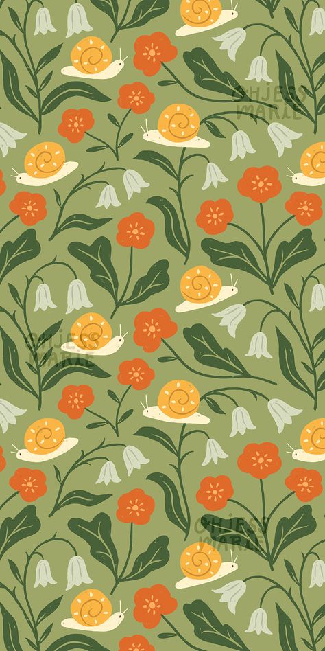 Snail Pattern Design, Patterns Illustration Design, Simple Flower Pattern Illustration, Spring Illustration Art Nature, Garden Pattern Design, Snail Wallpaper Aesthetic, Ipad Nature Wallpaper, Cute Snail Wallpaper, Nature Pattern Illustration