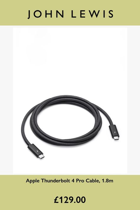 Featuring a black braided design that coils without tangling, this 1.8-metre cable supports Thunderbolt 3, Thunderbolt 4 and USB 4 data transfer up to 40Gb/s, USB 3.1 Gen 2 data transfer up to 10Gb/s, DisplayPort video output (HBR3) and charging up to 100W.  Use this cable to connect a Mac with Thunderbolt 3 or 4 (USB-C) ports to Thunderbolt (USB-C) and USB displays and devices such as Studio Display, Pro Display XDR, docks and hard drives.  This accessory works with compatible iPad, Mac, and Apple Display models.