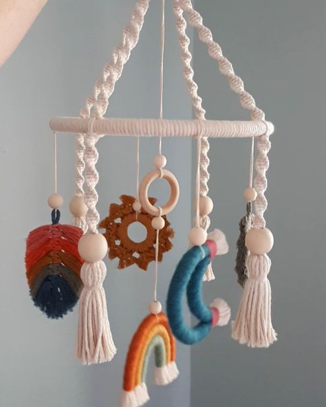 Macrame Baby Room, Moon Macrame, Rainbow Hanging, Macrame Nursery, Crib Mobiles, Macrame Baby, Crib Nursery, Fiber Wall Art, Art Mobile