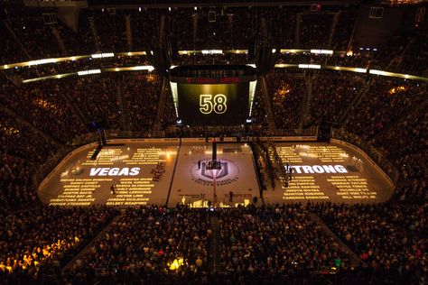 The Vegas Golden Knights won their first home game Tuesday night, and T-Mobile Arena was filled with symbols of strength and salutes for first responders. Ceremonies before the game honored the 58 … Vegas Golden Knights Aesthetic, Route 91, Golden Knights Hockey, Golden Night, Nevada Travel, Marc Andre, The Vegas, Las Vegas City, Mandalay Bay