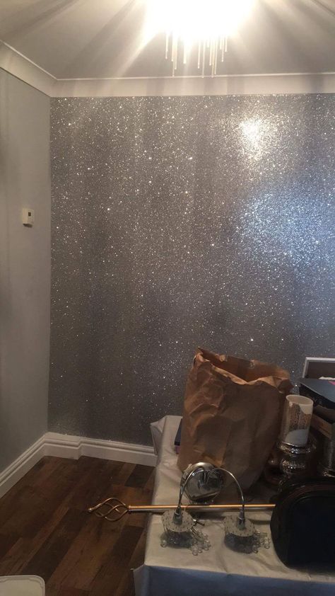 Glitter Wallpaper Bedroom, Glitter Accent Wall, Sparkly Walls, Oasis Decor, Glitter Bedroom, Victorian Bohemian Decor, Glitter Room, Glitter Paint For Walls, Home Nails