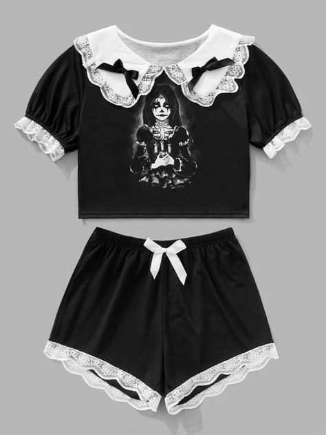 ROMWE Goth Figure Graphic Contrast Lace Pajama Set | SHEIN USA Gothic Pajamas Women, Goth Pyjamas, Goth Pjs, Gothic Pajamas, Lazy Goth Outfits, Goth Pajamas, Goth Ideas, Lace Pajama Set, Witchy Wardrobe