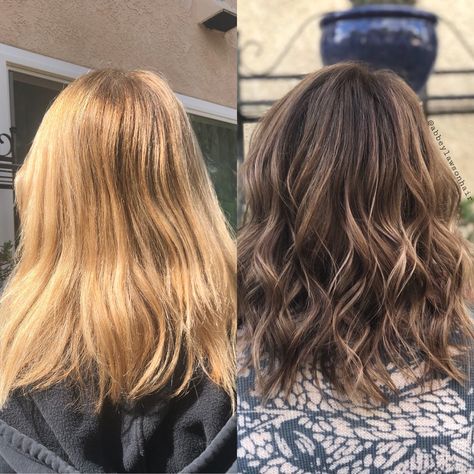 Blondes To Brunettes Before And After, Blonde Balayage To Brunette, Brown Hair After Blonde, Blonde Hair To Dark Hair Transformation, Highlights To Balayage Before And After, Light To Dark Hair Transformation, Blonde To Brunette Transition, Hair Transformation Brown To Blonde, Hair Color Before And After