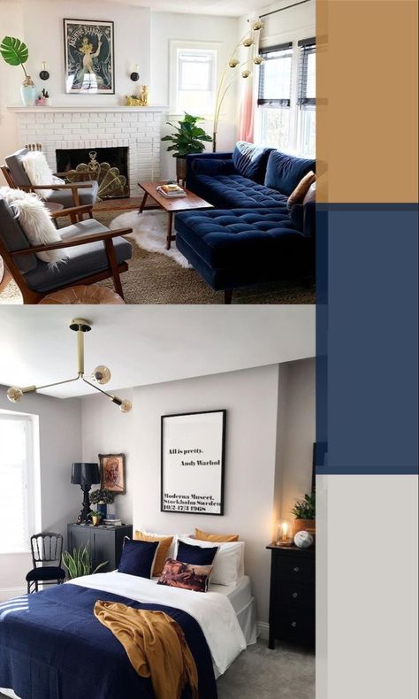 Navy Grey And Brown Bedroom, Navy Couch Color Schemes, Brown And Blue Furniture, Tan And Blue Color Scheme, Navy Blue Brown Bedroom, Navy Tan Bedroom, Black White Tan Blue Color Scheme, Navy Bedroom Color Scheme, Blue And Earth Tones Living Room