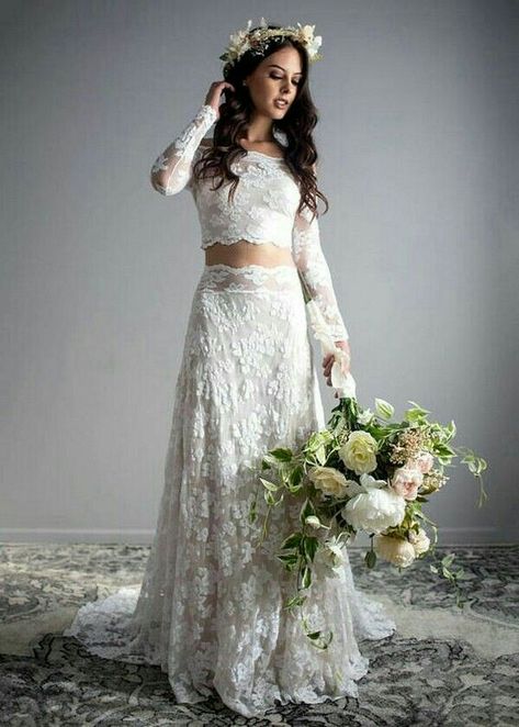 2 Piece Wedding Dress, Crop Top Wedding Dress, Wedding Dress With Long Sleeves, Two Piece Wedding Dress, Long Sleeve Wedding Dress, Wedding Dress Outfit, Wedding Dresses 2018, Top Wedding Dresses, Sleeve Wedding Dress