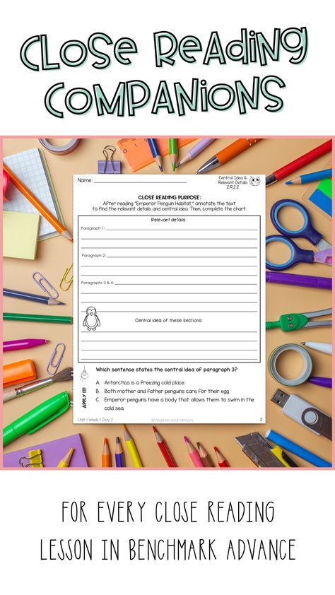 The Markers and Minions Close Reading Companions are available for all 10 units of Benchmark Advance. There is a companion page for every close reading lesson in the curriculum. Best of all, they are aligned to ALL the Benchmark Editions (CA, FL, National, 2021 and 2022! Benchmark Advance Third Grade, Benchmark Advance, Close Reading Activities, Reading Unit, Leveled Readers, Reading Street, Test Questions, Vocabulary Activities, Reading Classroom