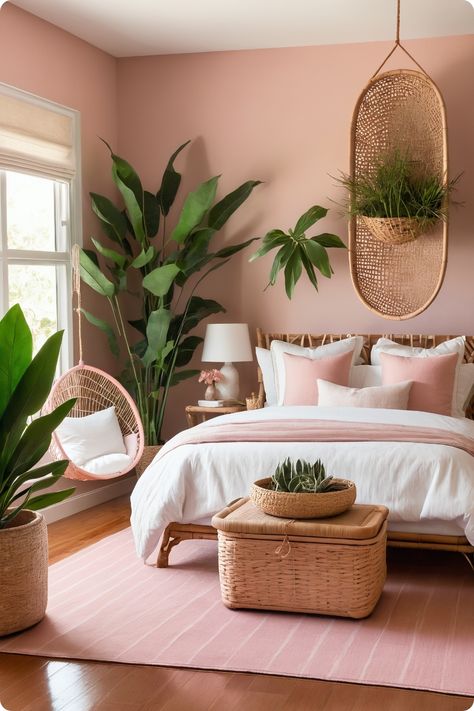 49 Fabulous Pink Bedroom Ideas: A Detailed Guide from Blush to Fuchsia – Cabin Nook Palm Springs Bedroom Ideas, Pink Rooms For Adults, Pink Moody Bedroom, Pink Beach Room, Palm Springs Bedroom, Woman House, Pink Rooms, Pink Bedroom Ideas, Mid Century Bedroom