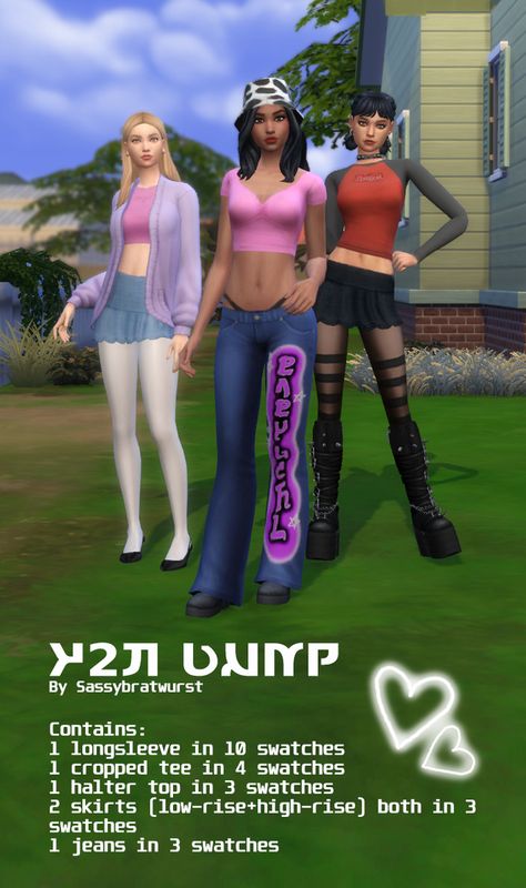 Y2K | Bente on Patreon Sims 4 Cc Low Rise, Tops Sims 4 Cc, Ts4 Patreon, Low Rise Jeans Y2k, Aesthetic Sims, Cc Packs, 2000s Jeans, Y2k Shirts, Sims 4 Gameplay