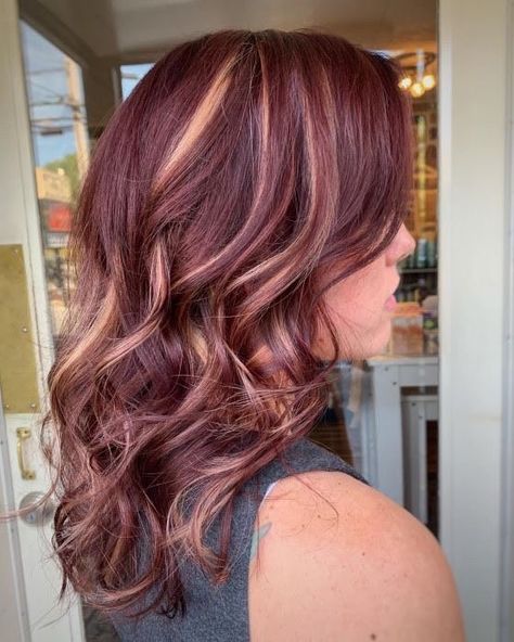 Burgundy Hair With Highlights, Shades Of Brown Hair, Brown Hair With Caramel, Purple Blonde Hair, Fall Szn, Red Hair With Blonde Highlights, Wine Hair Color, Red Hair With Highlights, Brown Hair With Caramel Highlights