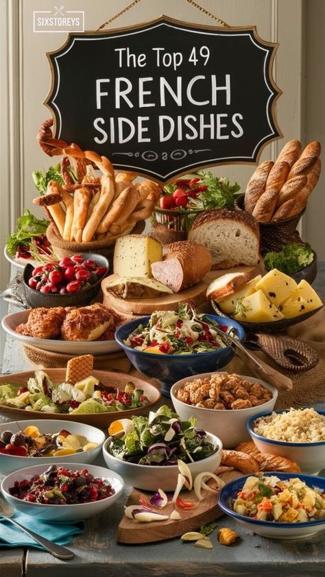 Healthy Side Dishes For Lunch, Beautiful Side Dishes, Side Dishes From Around The World, French Appetizers Party, French Vegetable Side Dishes, Easy French Dishes, French Buffet Food, English Side Dishes, French Seafood Recipes