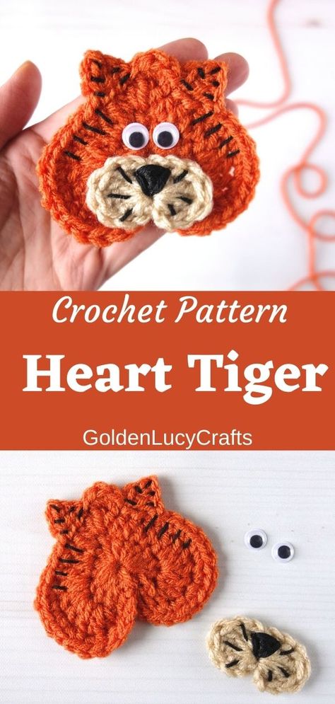 Crochet heart-shaped tiger applique in the palm of a hand, parts of the tiger applique. Crochet Tiger, Tiger Applique, Crochet Applique Patterns Free, Animal Jungle, Crochet Embellishments, Free Pattern Crochet, Crochet Coaster Pattern, Crochet Keychain Pattern, Crochet Motif Patterns