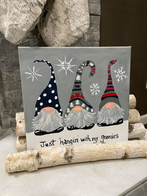 Gnomes Canvas Painting, Painted Gnomes On Canvas, Gnome Signs Diy, Gnomes Paintings Canvas, Gnome Window Painting, Painting Gnomes On Canvas, Gnome Chalkboard Art, Gnome Painting Canvas Diy, Christmas Gnomes Drawing