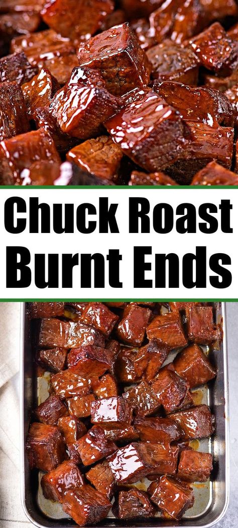 Chuck roast burnt ends in oven turn out great. With a dry rub and sauced at the end these steak bites come out sticky sweet and savory. Burnt Ends In Oven, Chuck Roast Recipe Oven, Chuck Roast Burnt Ends, Roast Burnt Ends, Poor Man's Burnt Ends, Beef Chuck Steaks, Roast Steak, Chuck Roast Recipes, Steak Bites Recipe