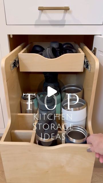 Ally • Home Inspo on Instagram: "Save this now and comment LINKS if you need kitchen storage ideas!   💡 When we were designing our kitchen, I looked into all the different storage options and these are definitely my favorite!  The hidden outlet door is probably the most controversial but I love it and it is perfect for charging small items like phones and watches.  It works great for us!  The water bottle storage also doubles as wine storage if you want something like that for a bar 🍷   Storage is essential so you don’t have cooking utensils and knife blocks etc. all over the counter…if you have storage drawers for those items, your counters are open and your kitchen will look even bigger!   Which storage option is your favorite!?🤩   Cabinets by: @mousercabinetry   #customkitchen  #kitc Hidden Outlet, Hgtv Kitchens, Kitchen Drawer Storage, Water Bottle Organization, Kitchen Utensil Storage, Kitchen Storage Ideas, Knife Blocks, Water Bottle Storage, Utensil Storage