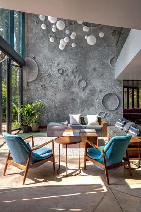 Fluid Lines Of The Moon House Seamlessly Merges With The Outdoor Landscape | SAV Architecture - The Architects Diary Wall Design Stairs, Double Height Drawing Room, Double Height Wall Design, Height Drawing, Drawing Room Wall Design, Moon House, Design Stairs, Living Room Wall Designs, Moon Surface