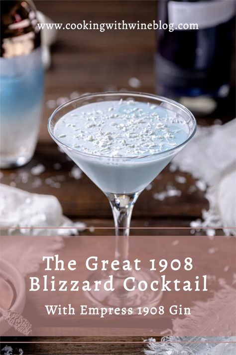 This beautiful winter cocktail will make you smile on the coldest of nights! We know you will love this recipe for The Great 1908 Blizzard Cocktail! The white chocolate liqueur balances perfectly with the striking Empress 1908 Gin, bringing just the right amount of sweetness to balance the lovely botanicals in the gin. Winter White Martini, Empress Gin Christmas Cocktail, Gin Winter Cocktails, Empress Gin Cocktail Recipe, Snowglobe Cocktail, Christmas Shots Recipes, Winter Martini Recipes, Christmas Gin Cocktails, Empress Gin Cocktail