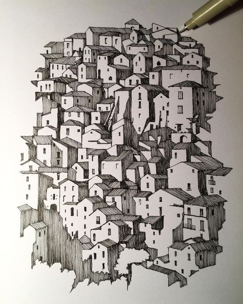 Ink Drawing Ideas, Houses Drawing, Instagram Italy, Ink Pen Art, Pen Art Drawings, Architecture Drawing Art, Pen Sketch, Arte Sketchbook, Landscape Drawings