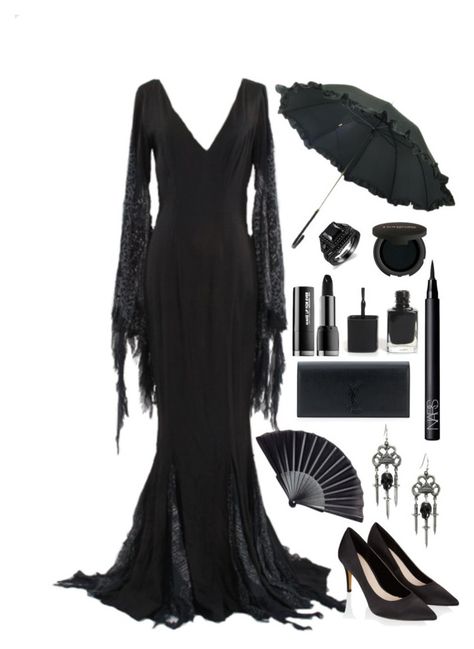 "Morticia" by psycho-doodle-bug ❤ liked on Polyvore featuring memento, Monsoon, Gorgeous Cosmetics, Yves Saint Laurent, NARS Cosmetics, contest, black, goth, alternative and addams Morticia Addams Costume, Story Images, Doodle Bug, Morticia Addams, Witch Fashion, Outfit Layout, Black Goth, Clothes Sewing Patterns, Addams Family