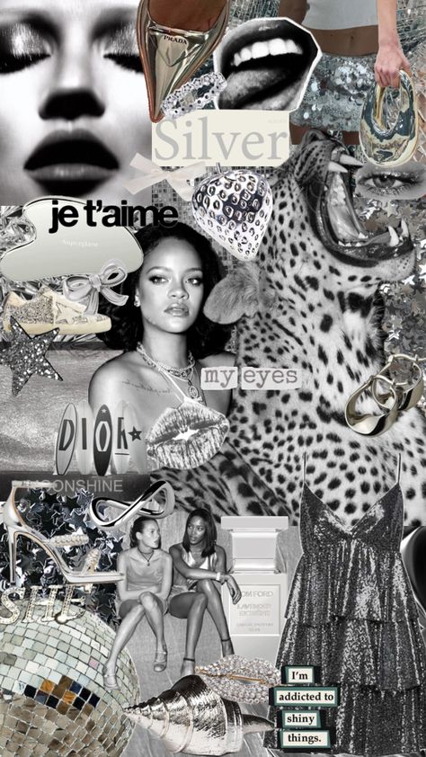 #wallpaper #vibes #silver #rihanna #leopard #silvergirl #mirrorball #dress Mirrorball Dress, Rihanna Collage, Wallpaper Vibes, Quote Collage, Silver Wallpaper, Mirror Ball, Girl Guides, Wallpaper Quotes, Rihanna