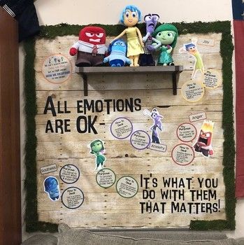 Emotional Literacy Support Rooms, Self Regulation Display, Emotional Regulation Display, Zones Of Regulation Bulletin Board Ideas, Inside Out School Bulletin Boards, Calm Down Bulletin Board, Inside Out Office Decor, Inside Out 2 Classroom Theme, Inside Out Halloween Decorations