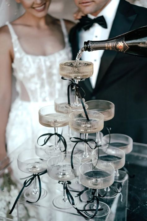 Clear Ribbed Champagne Tower & Tray Set - 30pc - The Pretty Prop Shop - Auckland Wedding and Event Hire Bachelorette Champagne Tower, Champagne Tower Engagement Party, Martini Tower Wedding, Champagne Coupe Tower, Small Champagne Tower, Champagne Tower Aesthetic, Champagne Glass Tower, Champagne Tower Wedding, Champagne Towers