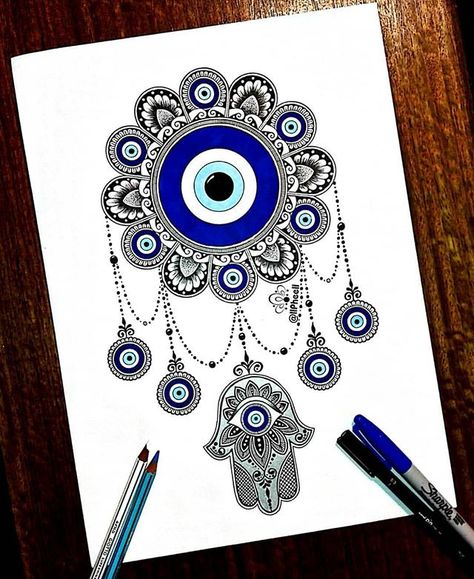 Hamsa Art, Mandala Book, Doddle Art, Evil Eye Art, Easy Mandala Drawing, Bond Paper Design, Boho Art Drawings, Turkish Eye, Easy Love Drawings