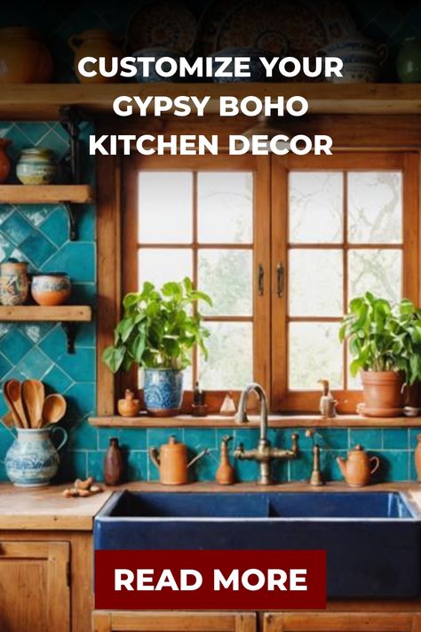 Colorful kitchen with teal tiles, wooden shelves, and potted plants near a window. Kitchen Flooring Trends, Kitchen Tile Inspiration, Ensuite Bathroom Designs, Industrial Chic Kitchen, Rustic Industrial Kitchen, Compact Kitchen Design, Modern Bedroom Colors, Boho Kitchen Decor, Mixing Patterns