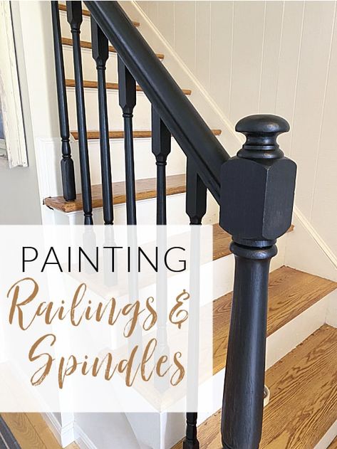 Banister And Railing Makeover, Updating Spindles On Stairs, Painted Oak Stair Railing, Wooden Stairs With Black Railing, Changing Out Stair Spindles, Painting A Staircase Railing, Replacing Wood Spindles With Iron, Painting Oak Railings, Banisters And Railings Makeover Paint