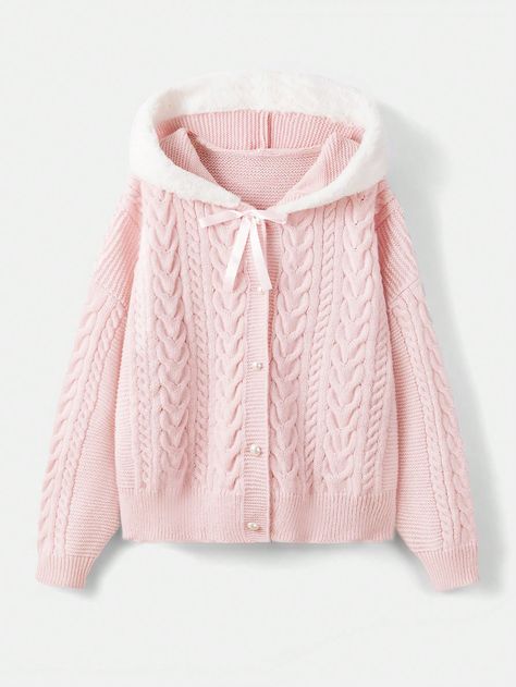 Pink Casual Collar Long Sleeve Worsted Plain  Embellished Slight Stretch Spring/Fall,Fall/Winter Women Clothing Romwe Sweater, Baby Pink Sweater, Hooded Cardigan Sweater, Kawaii Fashion Outfits, Sweater Trends, Plus Size Cardigans, Pink Cardigan, Hooded Cardigan, Pink Outfits