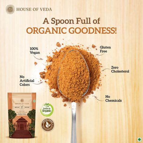 Rich in essential minerals like iron, calcium and potassium, jaggery powder supports healthy bones and boosts iron levels, keeping you energized throughout the day. It's a nourishing alternative to refined sugar that brings a host of benefits to your plate. 1. 100% Vegan 2. Zero Cholesterol 3. Gluten Free #JaggeryPowder #NaturalSweetener #WellnessJourney #NourishYourBody #HealthyLifestyle #MindfulLiving #OrganicEating #HouseOfVeda #OrganicJaggeryPowder Benefits Of Jaggery, Jaggery Powder Creative Ads, Jaggery Powder Packaging, Jaggery Packaging, Jaggery Benefits, Boost Iron Levels, Jaggery Powder, Sugar Packaging, Peanut Powder