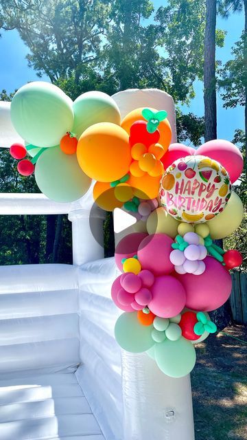 Sociable Designs | Balloon Decor & More! on Instagram: "Two-tti Frutti celebration for a cutie patootie!! 🍉🍊🍒🍍🍓🍋 - 5ft themed garland $110 plus delivery & installation  (must meet $150 minimum for installation)  #twottifrutti #twottifruttiballoons #secondbirthday #kidsbirthday #summerballoons #bouncehouseballoons #whitebouncecastle #bouncehouserental #balloongarland #fruitballoons #wilmingtonballoons #wilmingtonncballoons #ilm #wilmingtonnc" Color Names Chart, Bounce House Rentals, Balloon Decor, Bounce House, Balloon Garland, Balloon Decorations, Cutie Patootie, Color Names, Kids Birthday