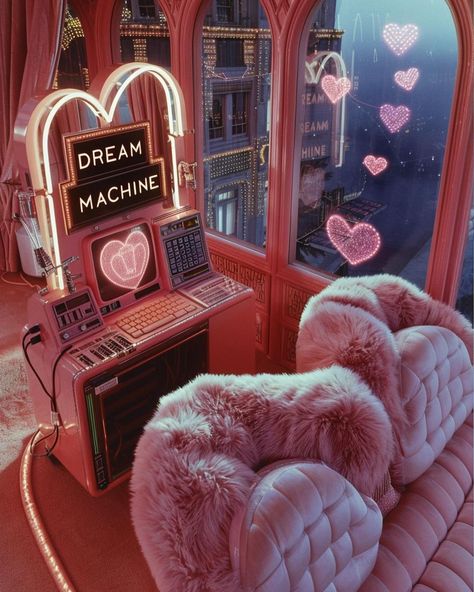 This is where I dream from…. 💖I’m frequently asked about the creation process of my images... Well, here’s a glimpse into the Chaos… | Instagram Kids Jungle Room, Pink Movies, Neon Cyberpunk, Jungle Room, Avatar Films, Dream Family, Futuristic Interior, Pink Moon, Retro Wallpaper