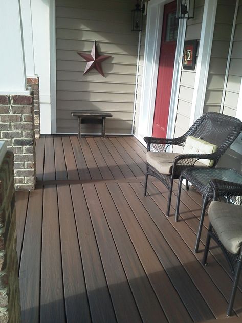 Deck Tiles Over Concrete Porch Front Porch With Composite Decking, Front Porch Trex Decking, Composite Deck Front Porch, Front Porch Deck Stain Ideas, Trex Deck Front Porch Ideas, Outdoor Porch Flooring Ideas, Composite Porch Ideas, Trex Porch Ideas, Wood Porch Floor Paint Colors