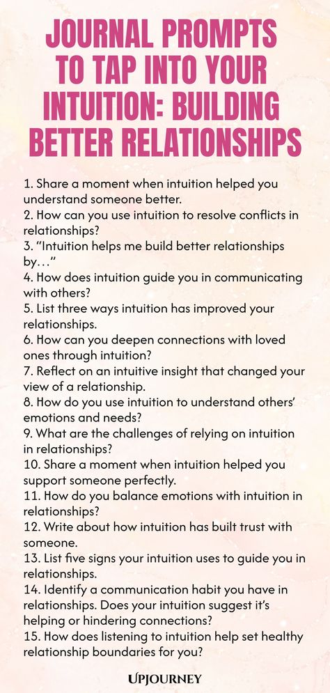 Explore these insightful journal prompts to help you connect with your intuition and cultivate stronger relationships. By taking time to reflect on these prompts, you can gain clarity and understanding in your interactions with others. Enhance your emotional intelligence and communication skills today! Work Etiquette, Psychology Terms, Relationship Quizzes, How To Act, Happiness Journal, Friendship And Dating, Life Questions, Passion Planner, Work Culture