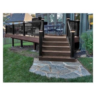 Azek decking, TimberTech radiance railing & flagstone landing - Contemporary - Deck - Kansas City - by All Under One Roof, Inc. | Houzz Deck Landing Ideas, Deck Stairs Landing, Under Deck Landscaping, Deck Landing, Deck Trellis, Landscaping Around Deck, Azek Decking, Deck Landscaping, Patio Stairs