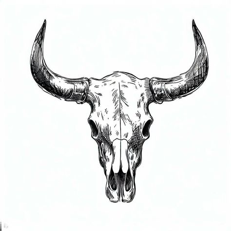 Western Tattoos Stencils, Skull And Horns Tattoo, Western Bull Skull Drawing, Bull Skull Stencil, Buffalo Skull Tattoo Design, Skeleton Gunslinger Tattoo, Bull Skull Tattoo Stencil, Cowhead Skull Tattoo, Ramskull Tattoo Design