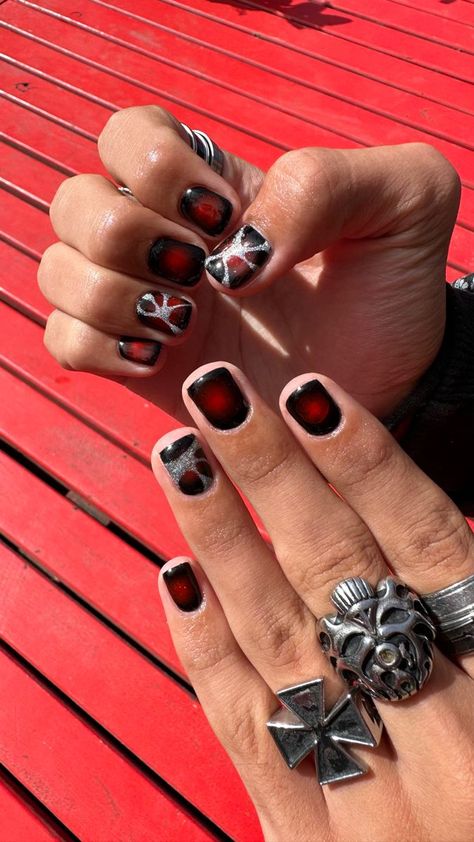 red aura chromed y2k inspo nails for men and women Guy Acrylic Nails, Nail For Men Ideas, Mens Nails Black, Rings Masc Women, Men’s Black Nails, Red And Black Nails Men, Black Nail Designs For Men, Masc Women Nails, Men With Acrylic Nails