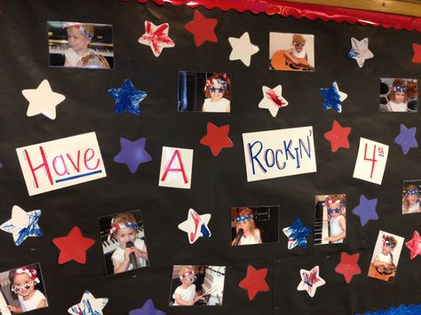 July bulletin board idea.. Dress the kids as "rockstars." July Bulletin Board Ideas Toddlers, July Bulletin Board Ideas, 4th Of July Bulletin Board, July Bulletin Board, Daycare Bulletin Boards, Art Projects Kids, Daycare Curriculum, Fourth Of July Crafts For Kids, Christmas Bulletin Boards