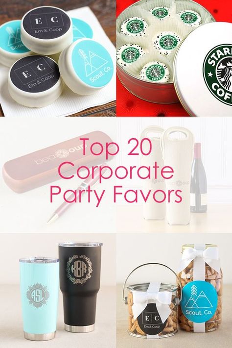 Planning a corporate party? Find the best corporate party favors and gifts all in one place! Party Favors For Business Events, Corporate Party Gift Ideas, Branded Party Favors, Corporate Event Giveaway Ideas, Corporate Party Gifts, Meeting Giveaway Ideas, Diy Promotion Gifts, Corporate Event Prizes, Business Goody Bag Ideas